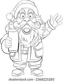 Cartoon Santa Claus with a surprised expression holding a beer