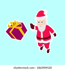 Cartoon Santa Claus is throwing a gift. Funny sticker with Santa Claus and a gift.