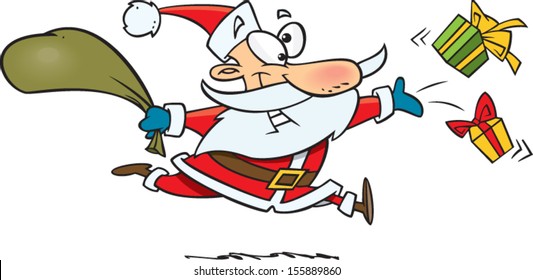 Cartoon Santa Claus throwing gifts