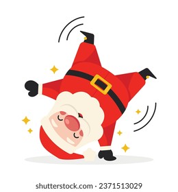 Cartoon Santa Claus tumbles and stands on his hands. Merry Christmas. Vector graphic.