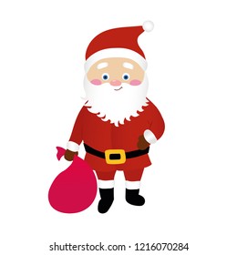 Cartoon Santa Claus vector isolated on white background, cute character holding a bag with gifts, for Happy New Year and Merry Christmas greeting card, web, app, animation design, flat drawing style.