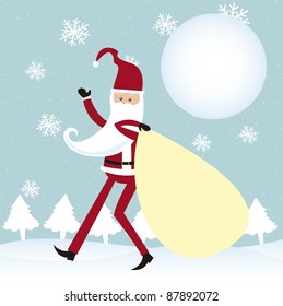 cartoon santa claus walking over snow with bag. vector