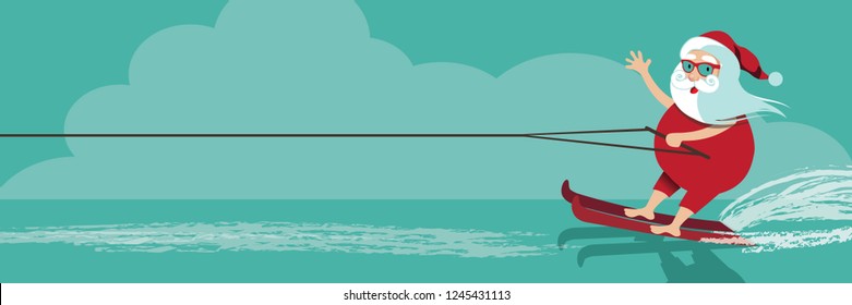 Cartoon Santa Claus water skiing. Eps10 vector illustration.