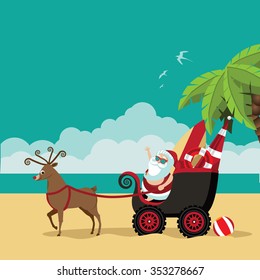 Cartoon Santa Claus waves hello from his dune buggy on a tropical beach. Background with copy space for poster, advertising, marketing, web page, social media, greeting card. EPS 10 vector.