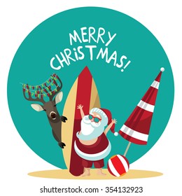 Cartoon Santa Claus waves hello from the beach. EPS 10 vector illustration.