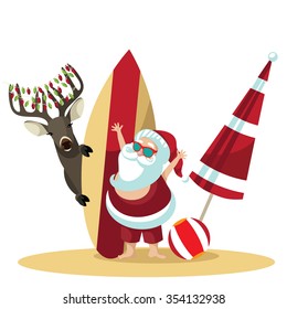 Cartoon Santa Claus waves hello from the beach. EPS 10 vector illustration.