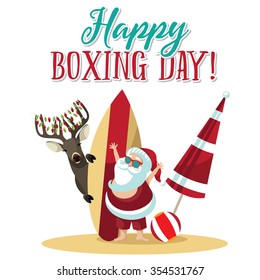 Cartoon Santa Claus waves hello from the beach to wish you a Happy Boxing Day. EPS 10 vector illustration.