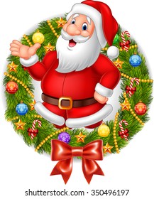 Cartoon santa claus waving hand with Christmas wreath