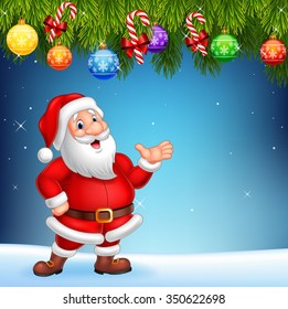 Cartoon Santa Claus waving hand with Christmas decoration