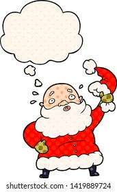 cartoon santa claus waving hat with thought bubble in comic book style