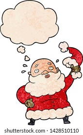 cartoon santa claus waving hat with thought bubble in grunge texture style