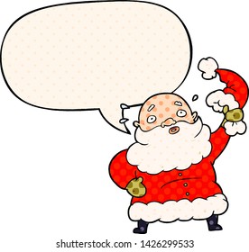 cartoon santa claus waving his hat with speech bubble in comic book style