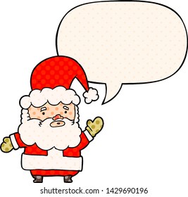 cartoon santa claus waving with speech bubble in comic book style