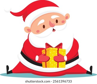 Cartoon Santa Claus wearing a red suit with white fur trim, sitting cross legged and holding a gold gift box with a red ribbon, conveying the spirit of Christmas giving and holiday cheer