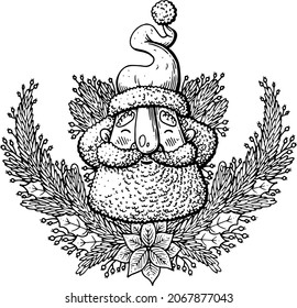 Cartoon Santa Claus and a winter wreath made of spruce. Vector illustration made with ink and pen on paper.