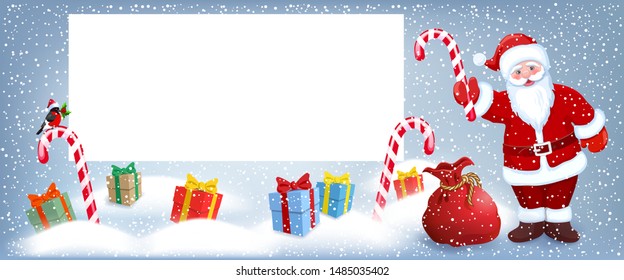 Cartoon Santa Claus  wit sweetmeat candy and gift box anr big Christmas bag near billboard for layout congratulation or letter with list wish to Santa Claus or announcement presentation