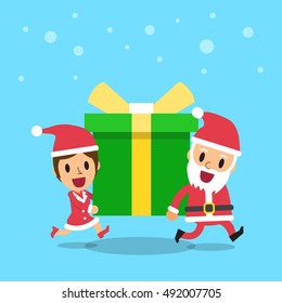 Cartoon santa claus and woman carrying big gift box