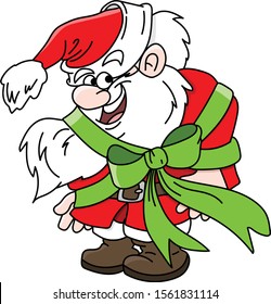 Cartoon Santa Claus wrapped with a green gift ribbon vector illustration