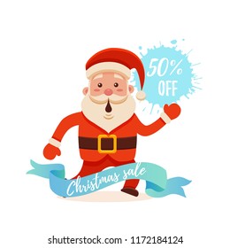 Cartoon Santa Claus for Your Christmas and New Year greeting Design, Animation, Sale, Discounts. Vector isolated illustration of happy noel father on watercolor splash background colorful flat style 