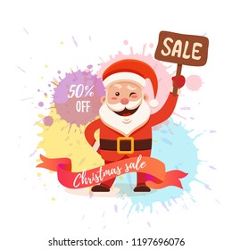 Cartoon Santa Claus for Your Christmas and New Year greeting Design, Animation, Sale, Discounts. Vector isolated illustration of happy noel father on watercolor splash background colorful flat style