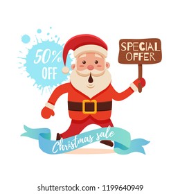 Cartoon Santa Claus for Your Christmas and New Year greeting Design, Animation, Sale, Discounts. Vector isolated illustration of happy noel father on watercolor splash background colorful flat style