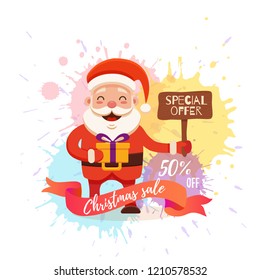 Cartoon Santa Claus for Your Christmas and New Year greeting Design, Animation, Sale, Discounts. Vector isolated illustration of happy noel father on watercolor splash background colorful flat style