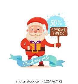 Cartoon Santa Claus for Your Christmas and New Year greeting Design, Animation, Sale, Discounts. Vector isolated illustration of happy noel father on watercolor splash background colorful flat style
