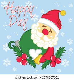 Cartoon Santa Claus for Your Christmas and New Year greeting Design or Animation. Vector isolated illustration of happy Santa Claus ringing a hand bell in colorful flat style