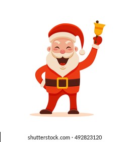 Cartoon Santa Claus for Your Christmas and New Year greeting Design or Animation. Vector isolated illustration of happy Santa Claus ringing a hand bell in colorful flat style