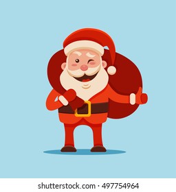 Cartoon Santa Claus for Your Christmas and New Year greeting Design or Animation. Vector isolated illustration of happy Santa Claus holding sack with gift box in colorful flat style