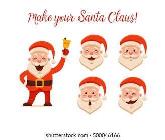 Cartoon Santa Claus for Your Christmas and New Year greeting Design or Animation. Vector isolated illustration of happy Santa Claus ringing a hand bell and different emotions in colorful flat style