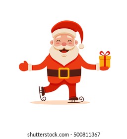 Cartoon Santa Claus for Your Christmas and New Year greeting Design or Animation. Vector isolated illustration of happy Santa Claus skating with gift box in colorful flat style