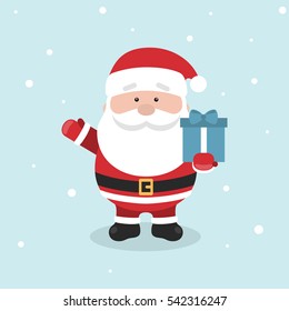 Cartoon Santa Claus for Your Christmas and New Year greeting Design or Animation. Vector illustration of happy Santa Claus holding in hand gift box on blue background in colorful flat style