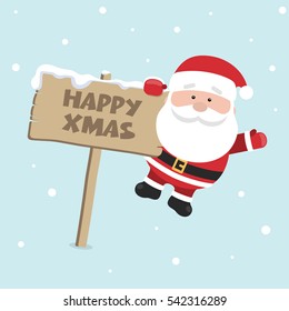 Cartoon Santa Claus for Your Christmas and New Year greeting Design or Animation. Vector illustration of happy Santa Claus hanging on signboard in colorful flat style on blue background.