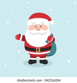 Cartoon Santa Claus for Your Christmas and New Year greeting Design or Animation. Cartoon holiday character. Santa Claus stand and holding his gift bag. Cute Santa Claus vector illustration.