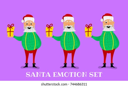 Cartoon Santa Claus for Your Christmas and New Year greeting Design or Animation. Vector isolated illustration of happy Santa Claus ringing a hand bell and different emotions in colorful flat style