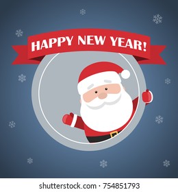 Cartoon Santa Claus for Your Christmas and New Year greeting Design. Cartoon holiday character. Christmas badge with Santa Claus and ribbon. Vector illustration.