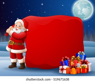 Cartoon Santa Clause pulling big bag