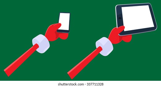 Cartoon Santa Claus's hands holding smartphone and tablet pc with blank screen. Hands, gadgets,  thumbs and background are in separate layers. You can insert your own information or elements on it.