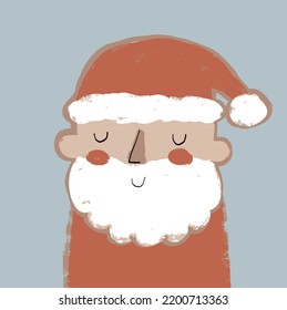 Cartoon Santa. Cute Winter Holidays Vector Illustration with Santa Claus in a Red Hat isolated on a Light Blue Background. Crayon Drawing Style Christmas Print ideal for Card, Poster, Wall Art.