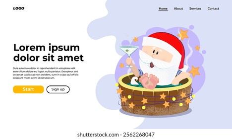 Cartoon Santa drinking cocktail and having outdoor bath at spa resort. Christmas vacation concept. Vector illustration can be used for landing page design