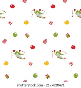 Cartoon Santa elfs seamless pattern for Christmas and New Year decoration. Cute xmas dwarfs drawings