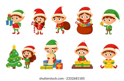 Cartoon santa elves characters, christmas elf with gifts and xmas tree. Cute helpers, celebrating magic creature. Winter holidays nowaday vector set