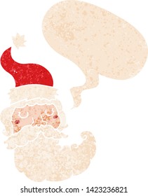 cartoon santa face with speech bubble in grunge distressed retro textured style