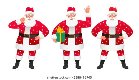 Cartoon Santa gestures dislike. Beautiful Santa Claus is holding a gift and waving his hand. Angry Santa stands with his hands on his hips. Vector illustration.
