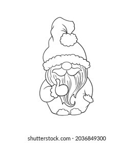 Cartoon Santa Gnome Character, nursery Contour or outline isolated vector illustration. Black and white line art drawing nursery vector illustration for Christmas and New Year winter holiday