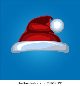 Cartoon Santa hat isolated on gradient blue background. New Year symbol.