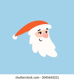 Cartoon Santa head. Santa Claus on blue background isolated. Cute festive character in a red hat. Vector stock illustration.