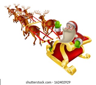 Cartoon Santa in his Christmas sleigh waving back at the viewer
