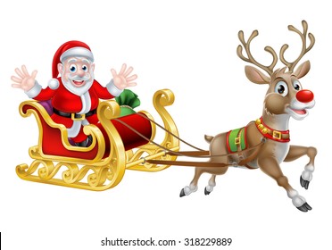 Cartoon of Santa and his reindeer with his Christmas sled